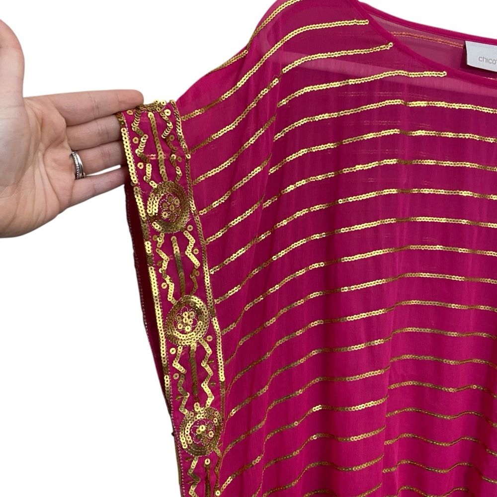PLUS Chico’s Pink & Gold Semi Sheer Sequin Stripes Medallion Blouse Size 20 - Picture 4 of 8